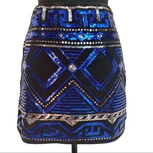 PEACHPUFF blue sequin tribal mini skirt lined Sz S